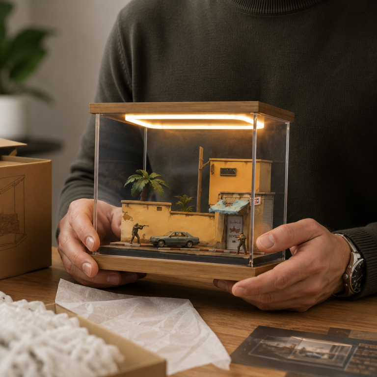 Two people sharing a moment around a hand-painted Dust2-inspired miniature diorama