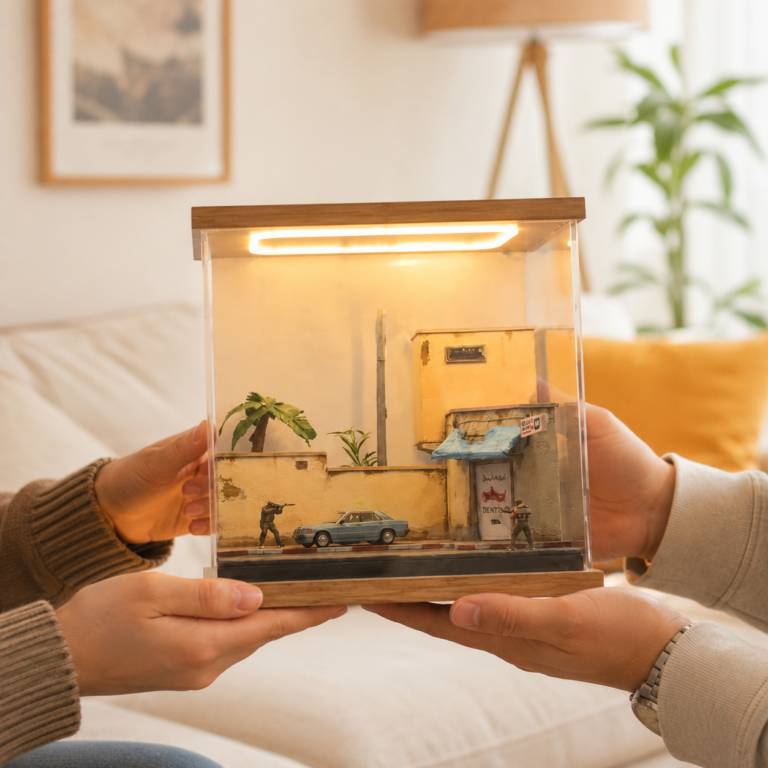 Hand-painted Dust2-inspired miniature diorama displayed up close