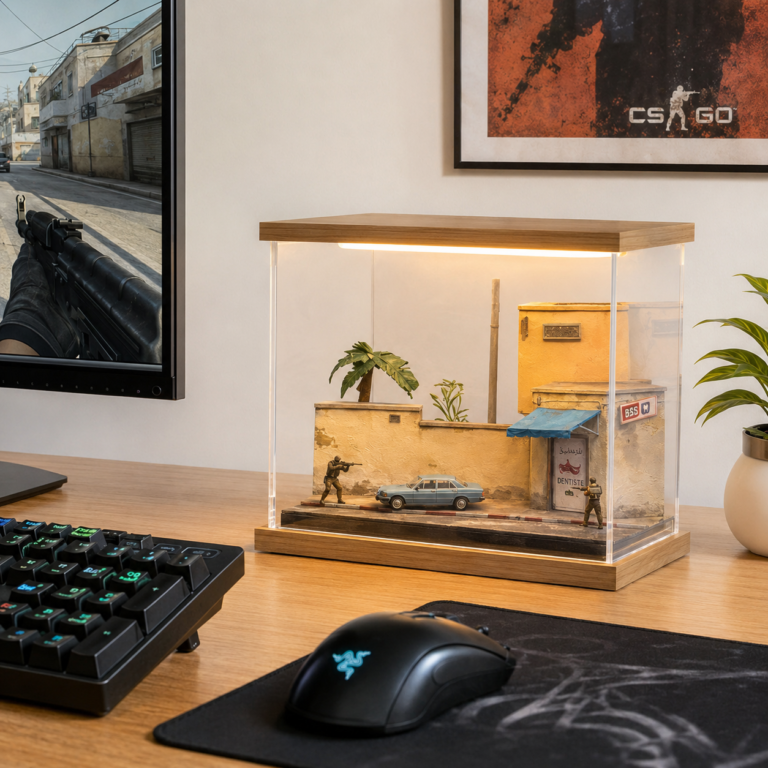 Dust2-inspired miniature diorama displayed on a gaming desk