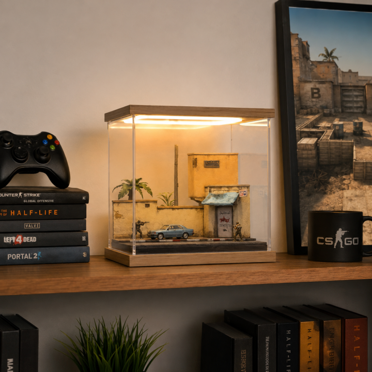 Dust2-inspired miniature diorama displayed on a collector shelf