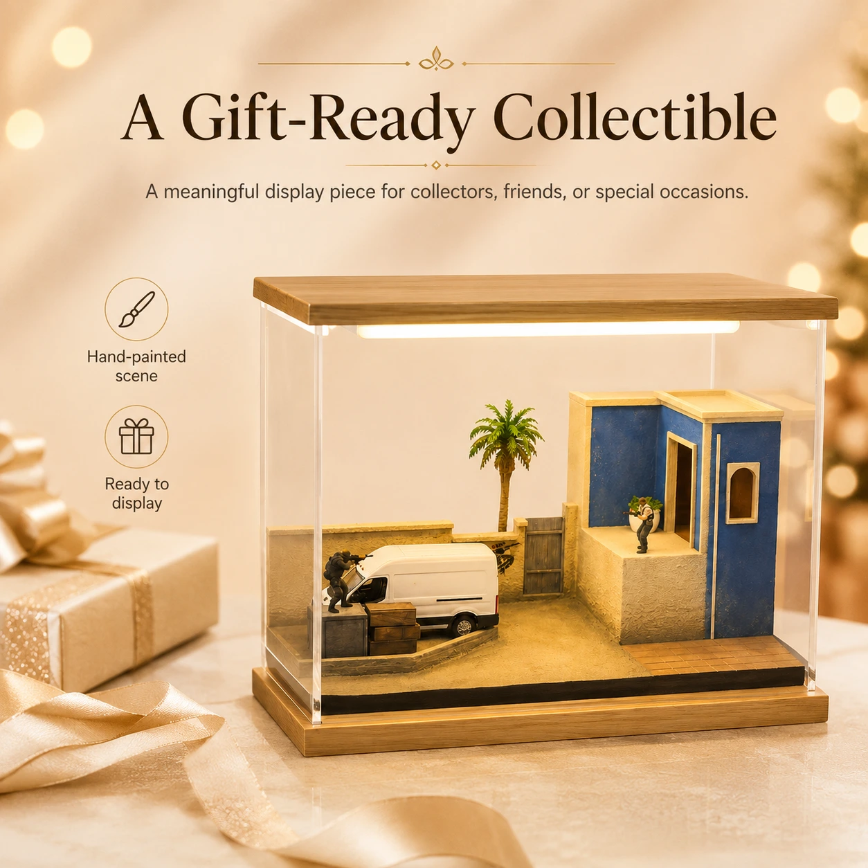 Mirage-inspired miniature diorama as a gift-ready collectible