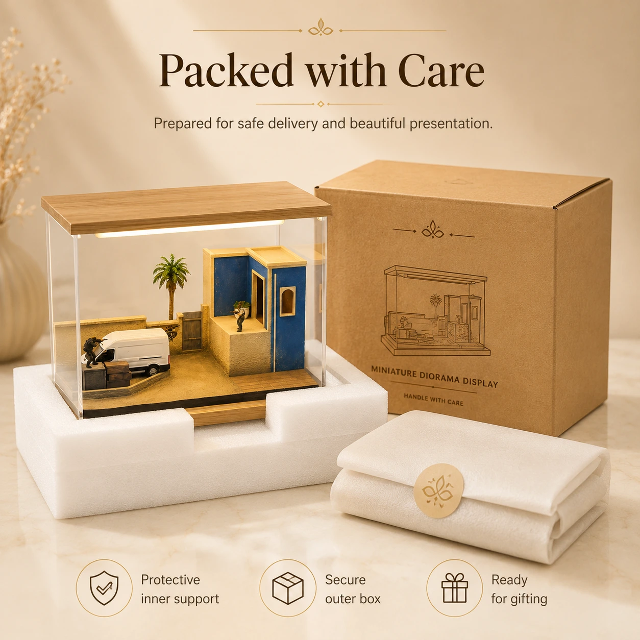 Mirage-inspired miniature display packed with care