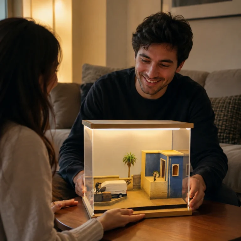 Two people sharing a moment around a handmade illuminated miniature diorama