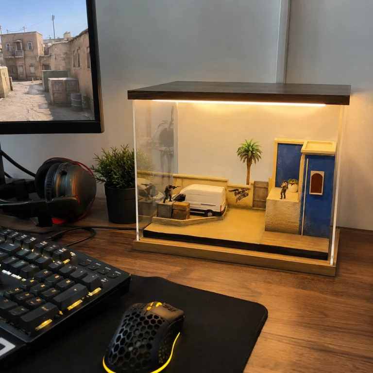 Warm LED Mirage-inspired miniature diorama displayed on a gaming desk