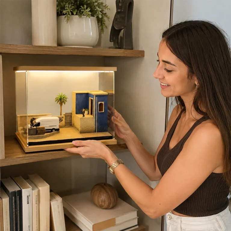 Young woman displaying a handmade Mirage-inspired miniature diorama on a collector shelf