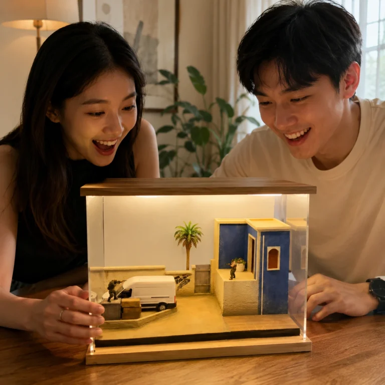 Young couple admiring an illuminated handmade Mirage-inspired miniature diorama