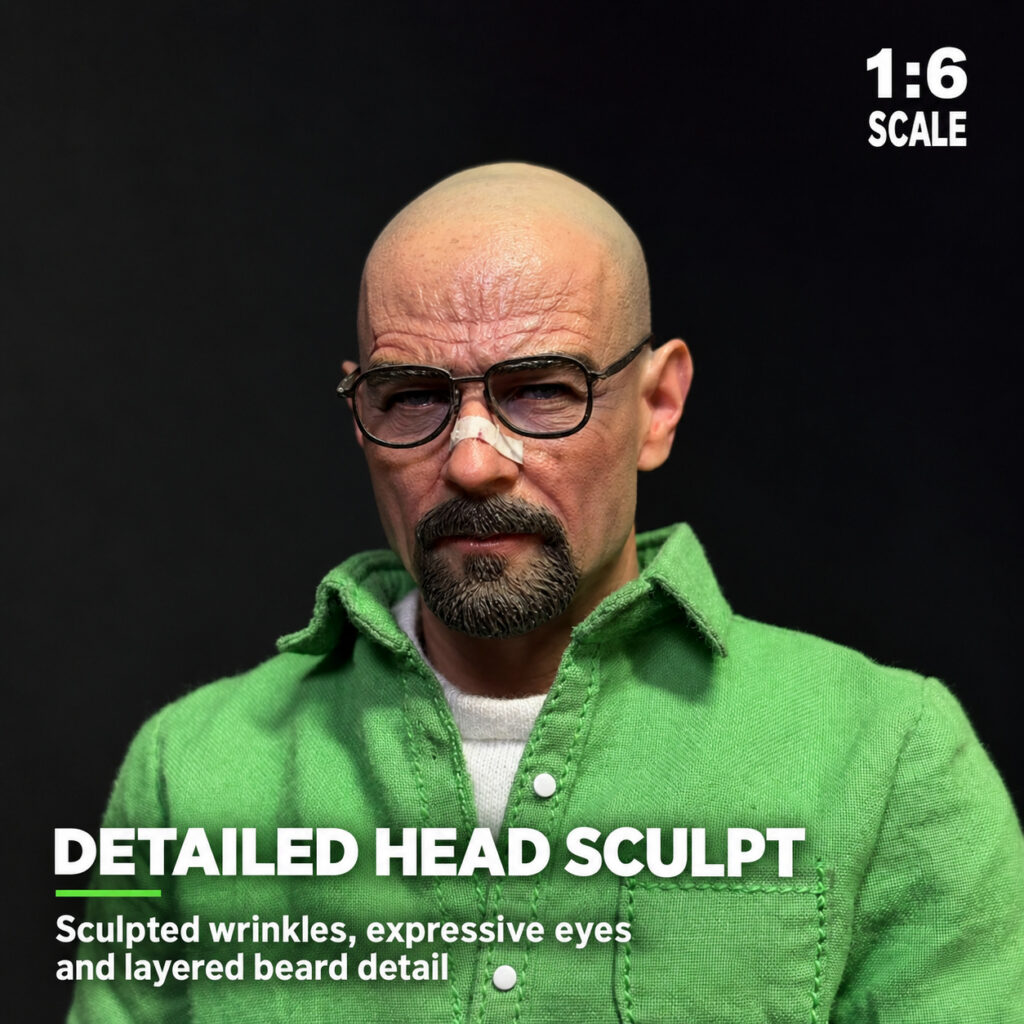 Close-up of Walter White hand-painted head sculpt and metal glasses