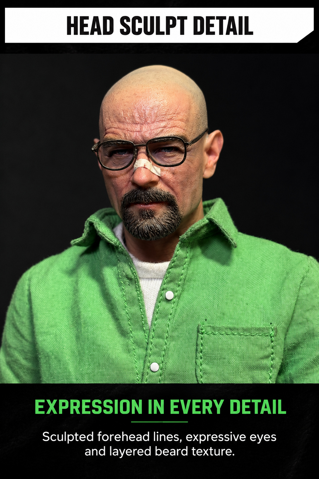 Close-up of Walter White hand-painted head sculpt