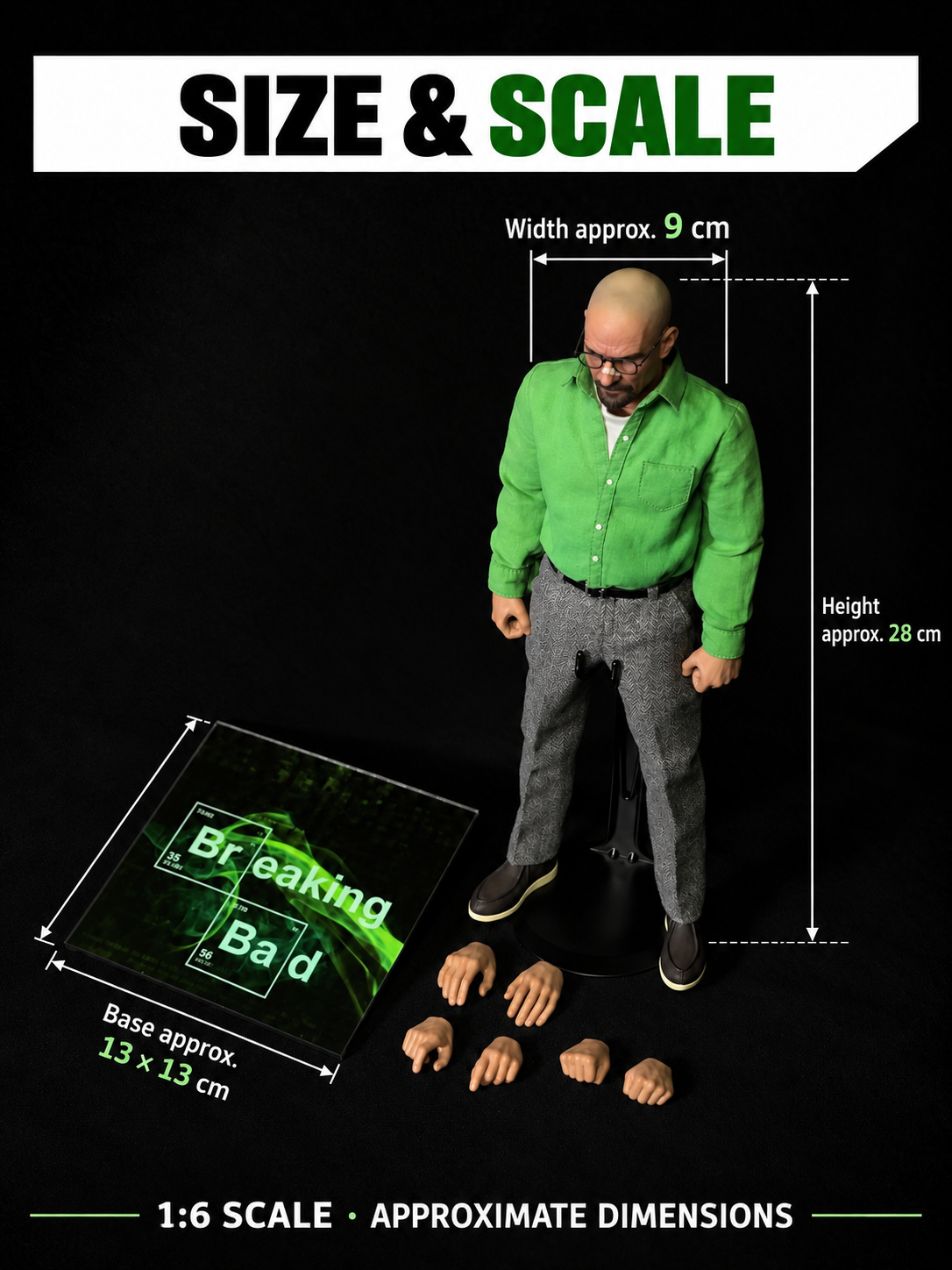 Figure height approximately 28 cm, width 9 cm, and base 13 by 13 cm