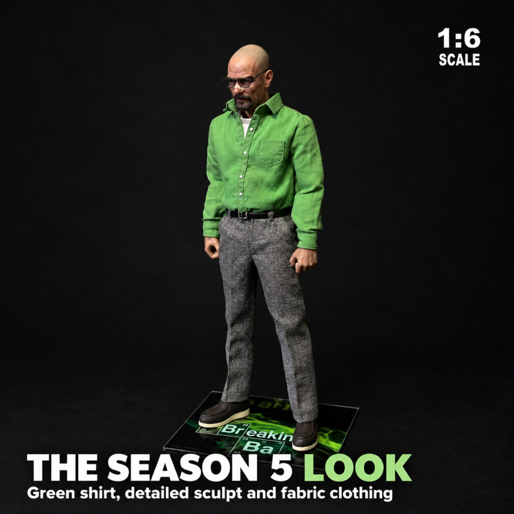 Full-length Walter White figure in green shirt and fabric outfit