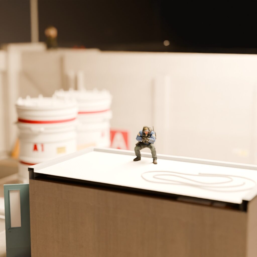 Nuke A Site CT figure with an AWP crouched on the Hut roof beside the A1 tanks, in optional lighted display case (+$25)