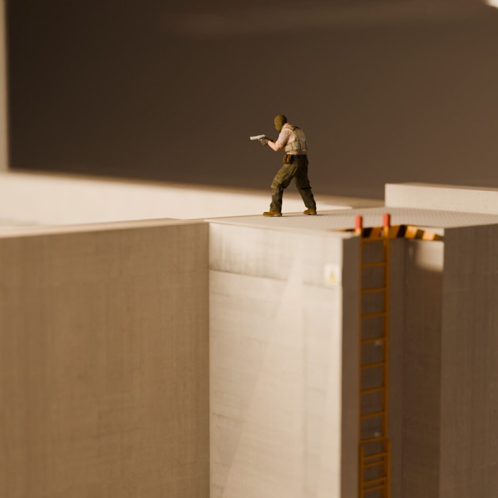 Nuke A Site T figure with a Desert Eagle on Heaven above the yellow ladder, in optional lighted display case (+$25)