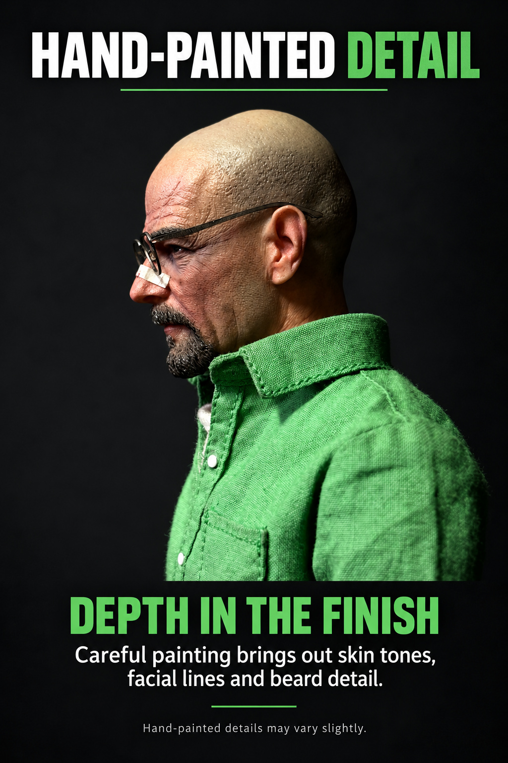Profile view of Walter White hand-painted head sculpt