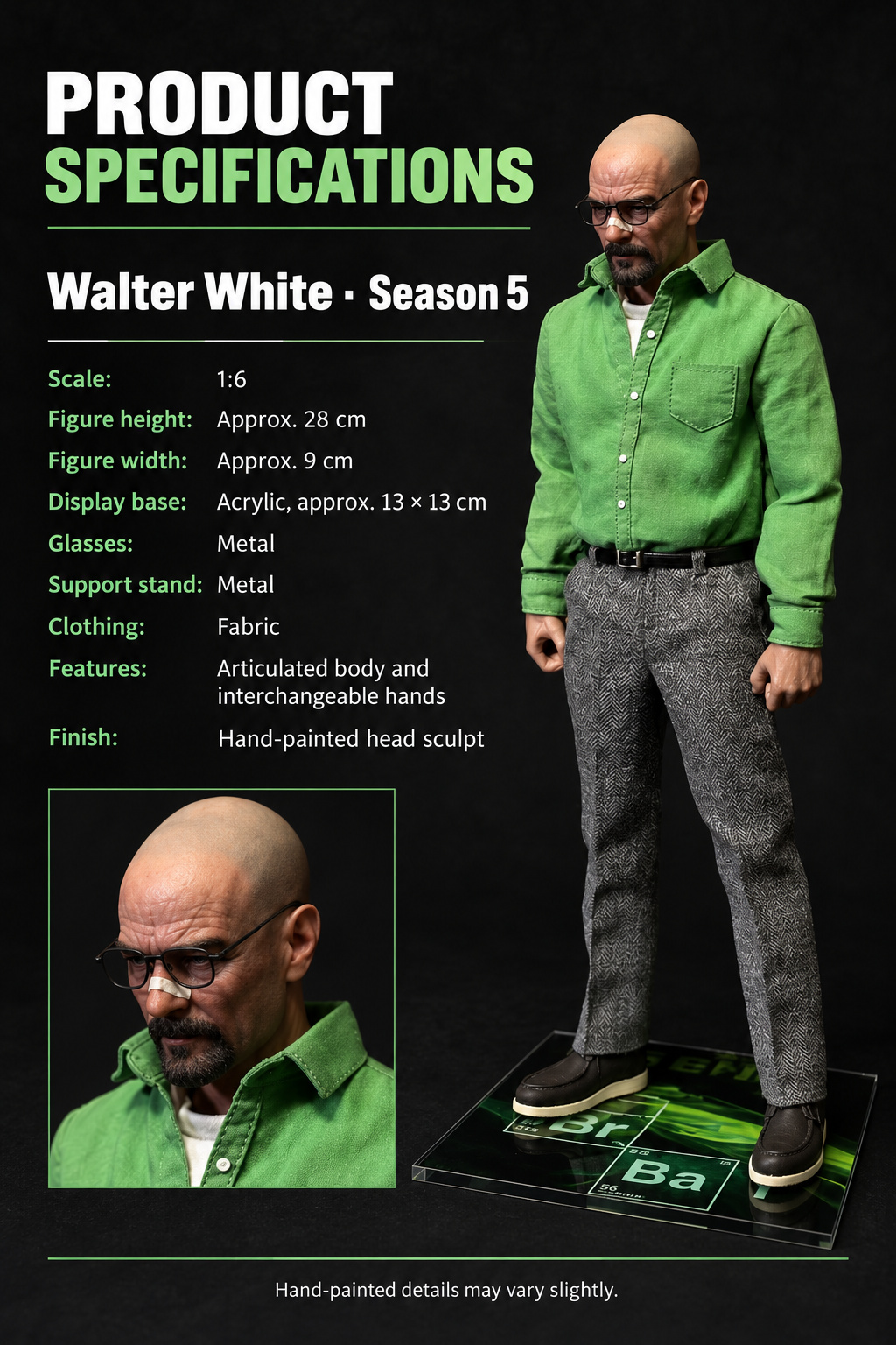 Walter White 1:6 figure verified dimensions and accessory materials
