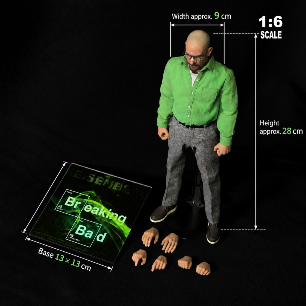 Walter White figure dimensions, approximately 28 cm high and 9 cm wide