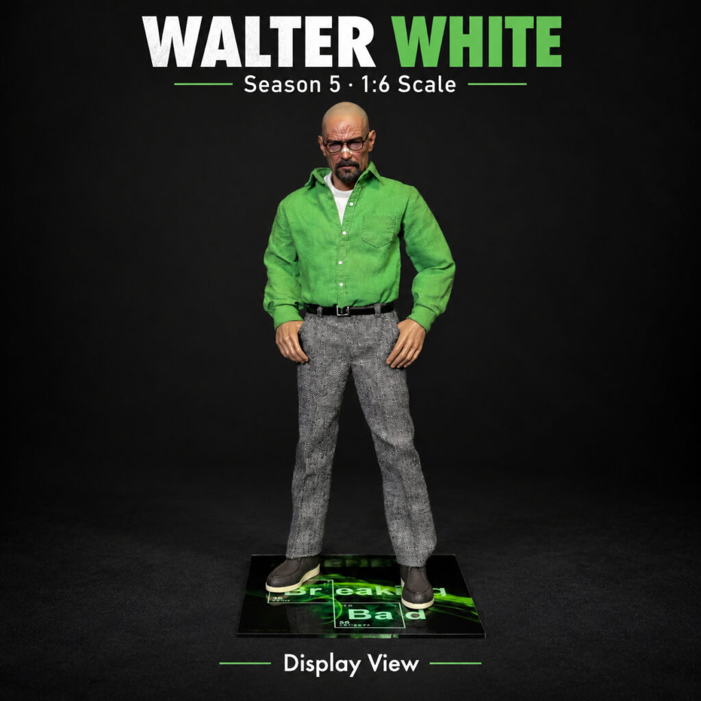 Walter White figure displayed with themed base and metal support stand
