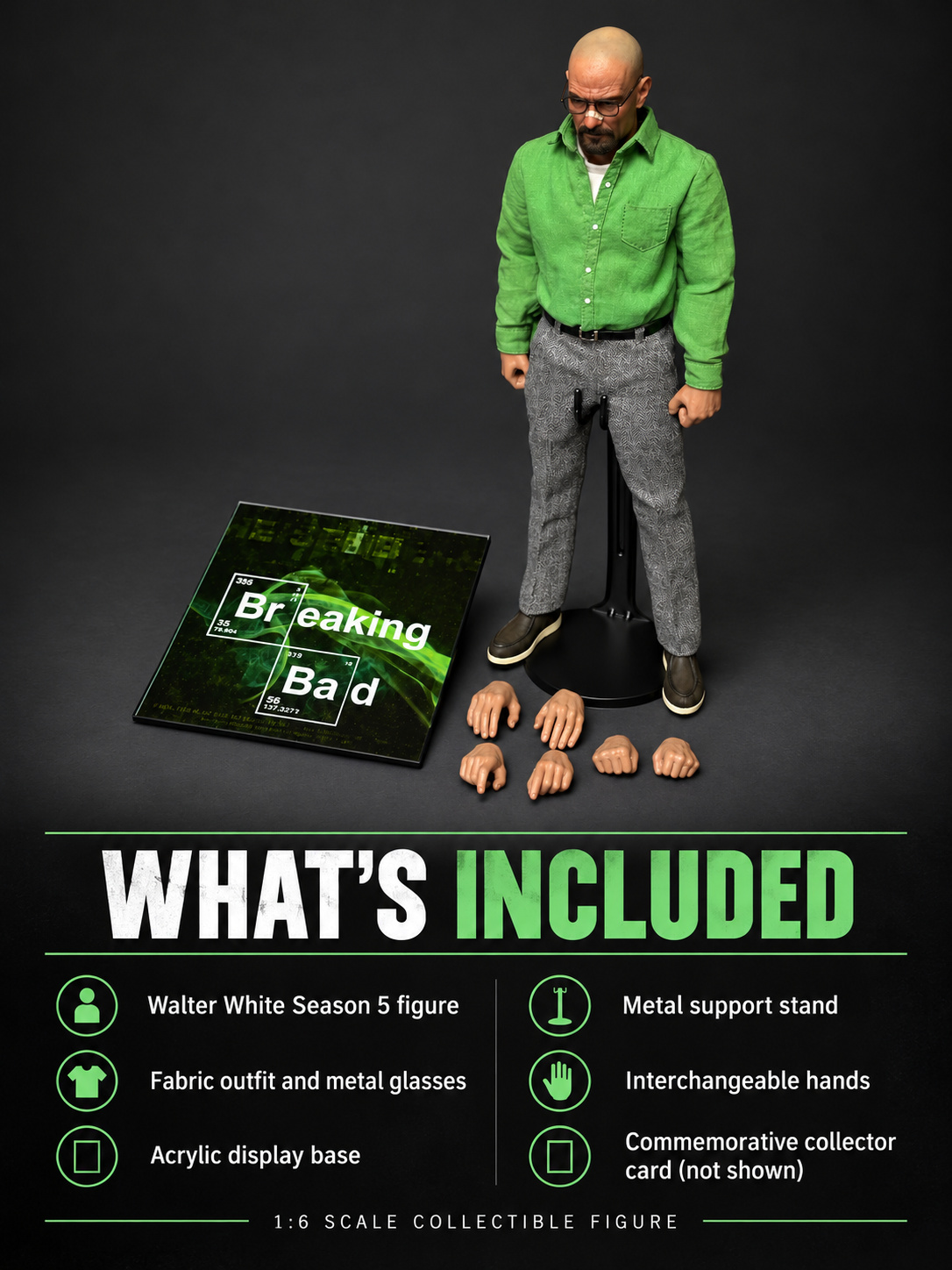 Walter White figure package contents with interchangeable hands and collector card