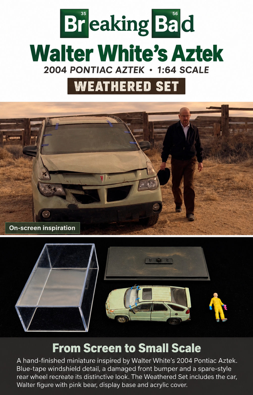Walter White’s Pontiac Aztek product story with clearly marked on-screen inspiration and miniature model views