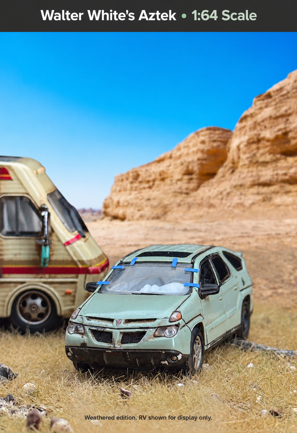 Front view of the weathered Aztek model in a display scene; other vehicles and scenery are not included