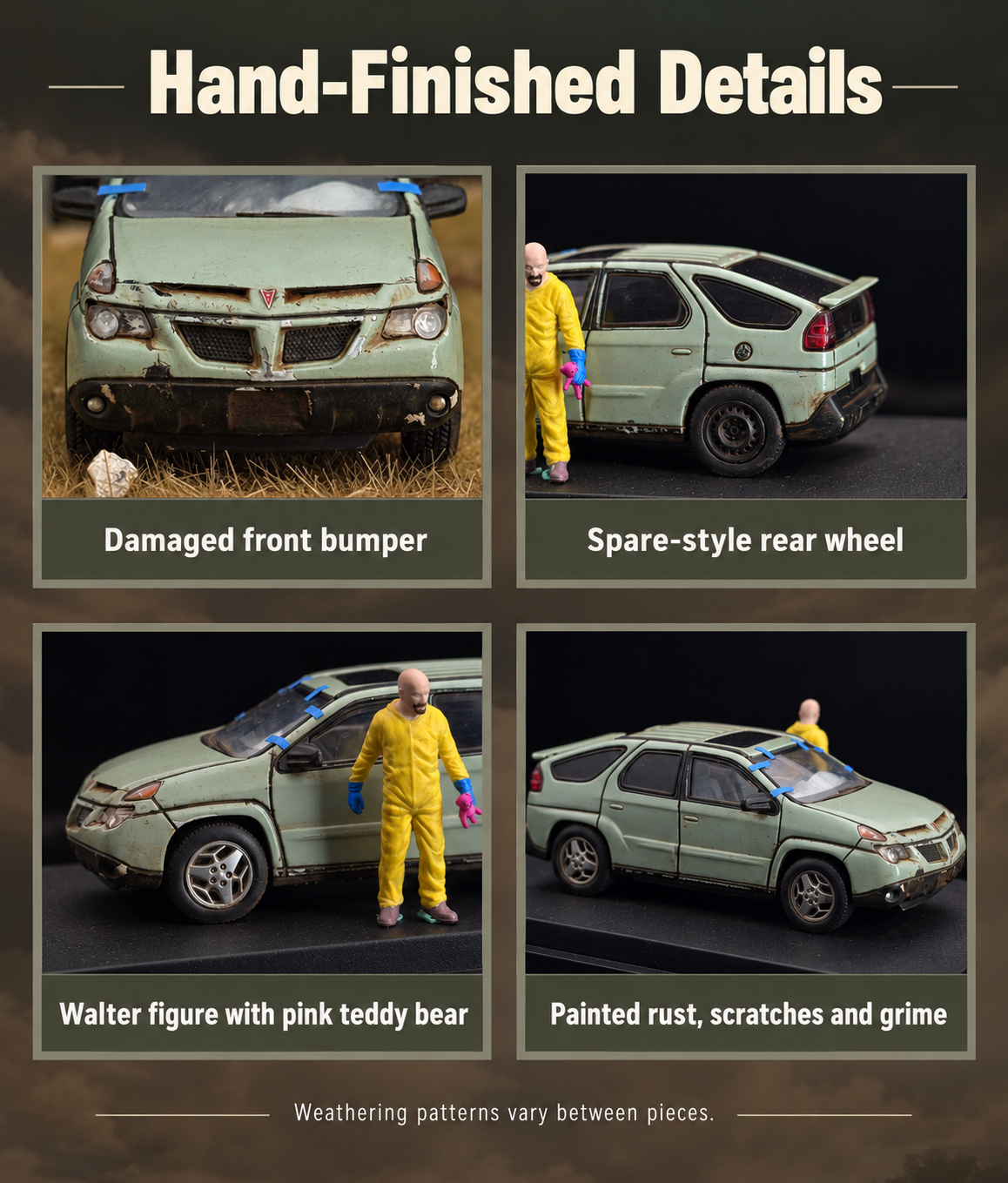 Hand-weathered finish and craftsmanship details of the 1:64 Pontiac Aztek