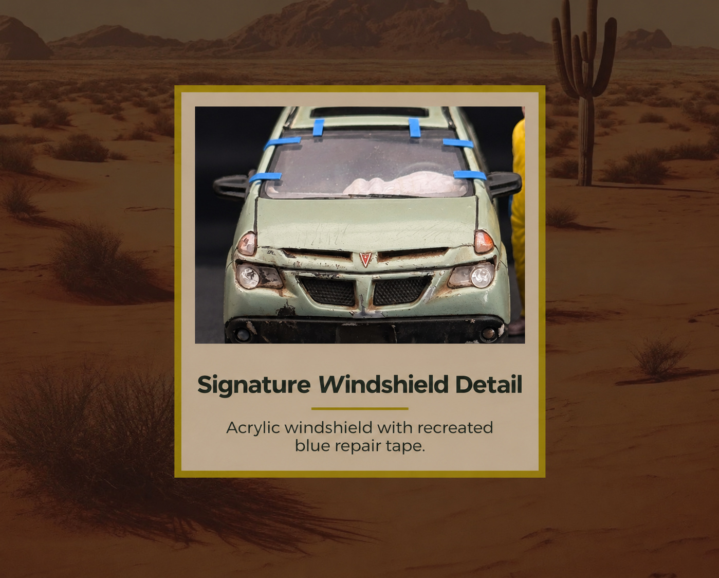 Close-up of the weathered Aztek windshield and blue tape detail