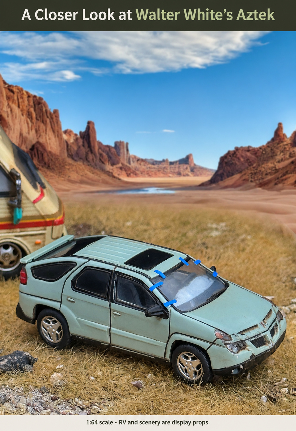 High-angle view of the hand-weathered Pontiac Aztek model