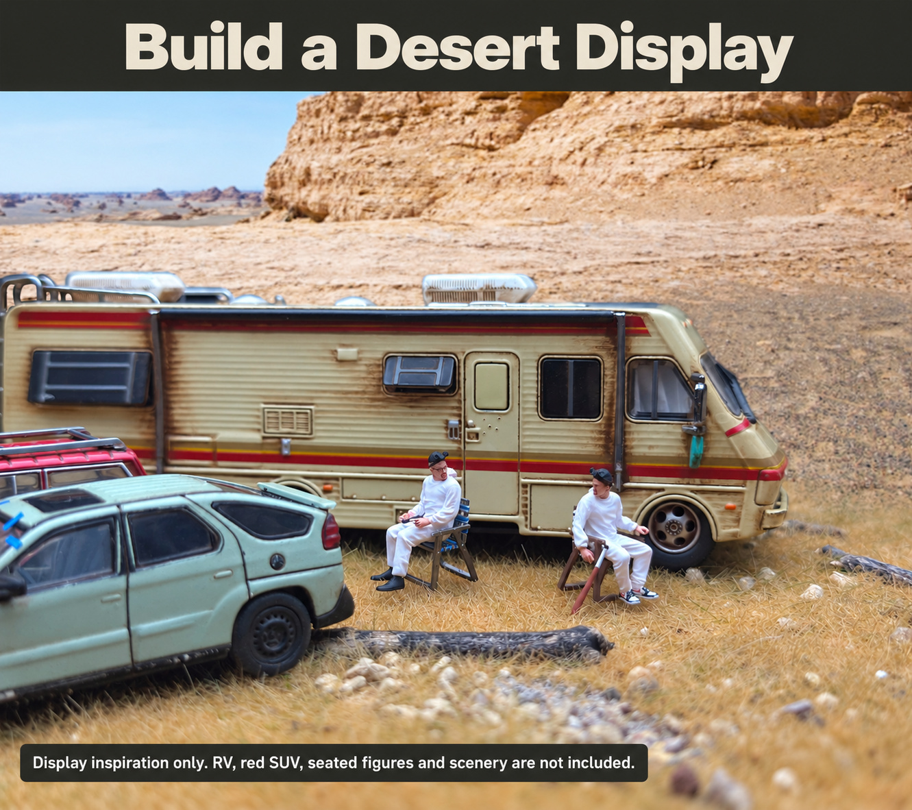 Aztek model with scene props; other vehicles, scenery and the seated white-suited figure are not included