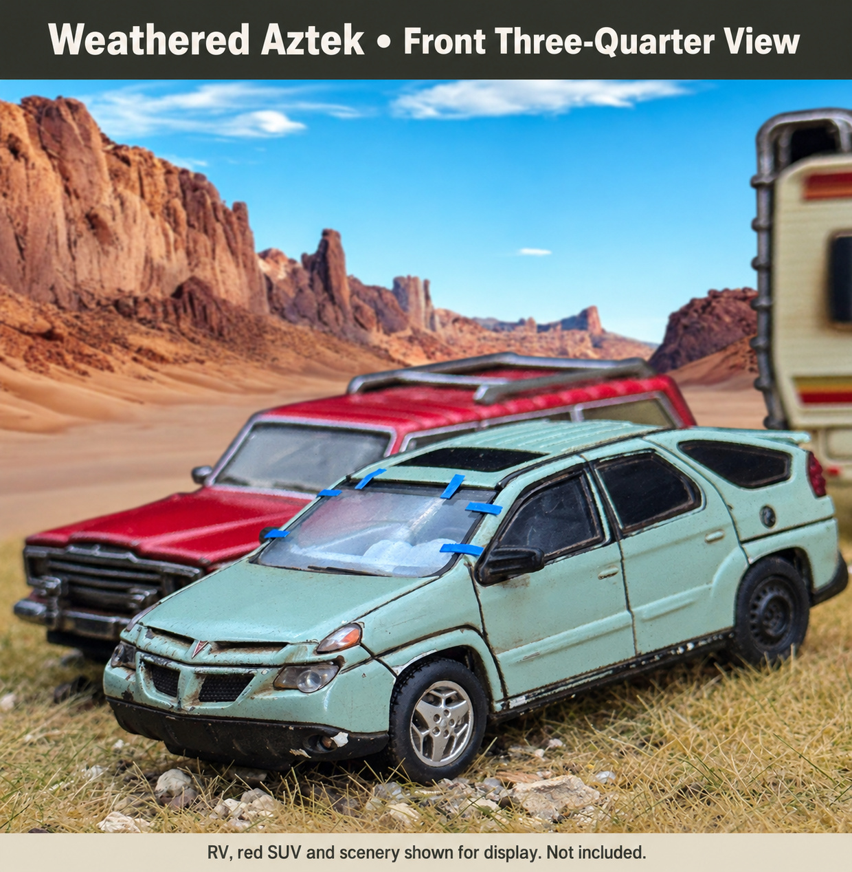 Close-up of the front of the hand-weathered Pontiac Aztek model
