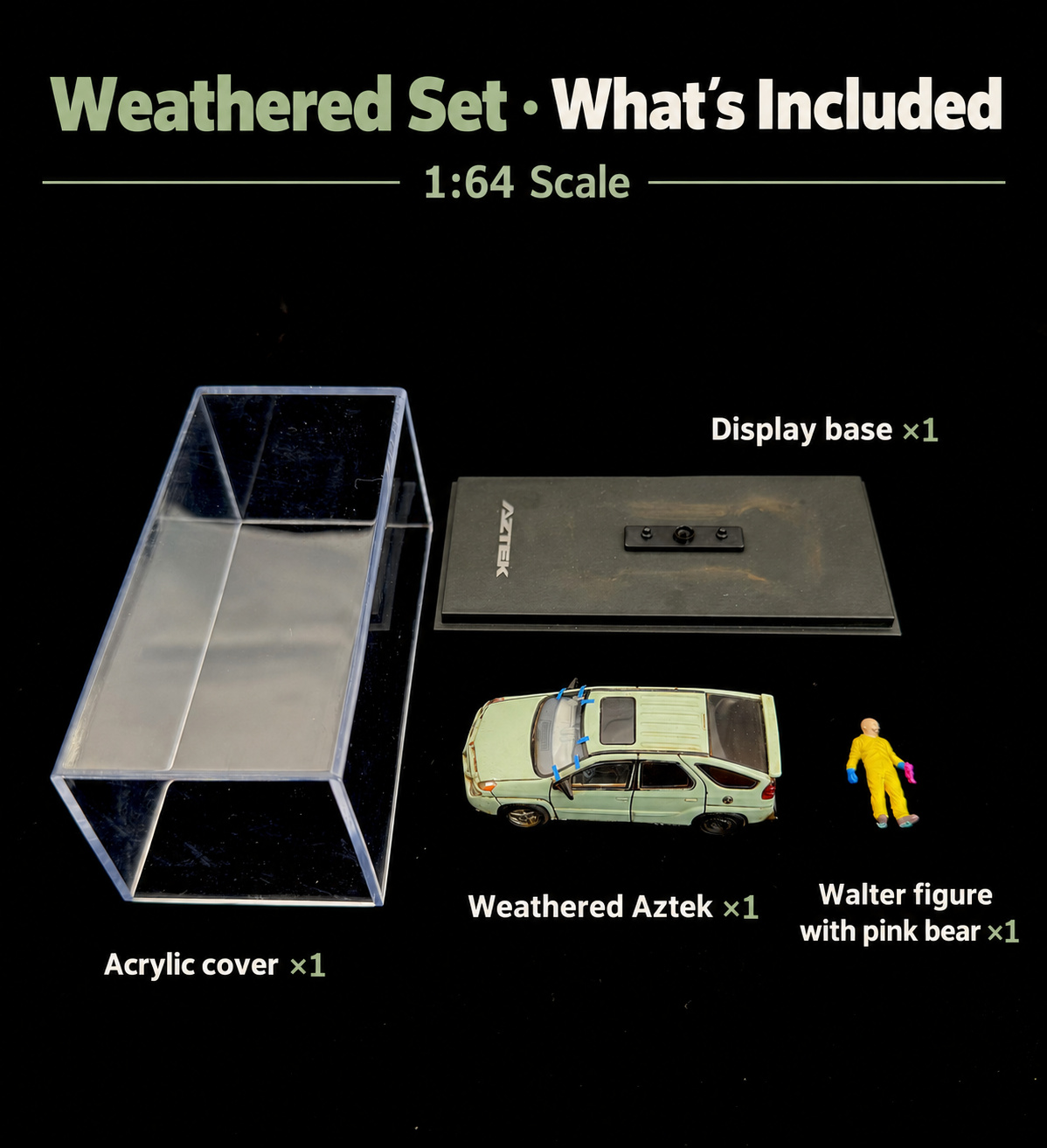 Weathered Set contents: one Aztek model, one Walter figure with pink teddy bear, one display base and one acrylic cover
