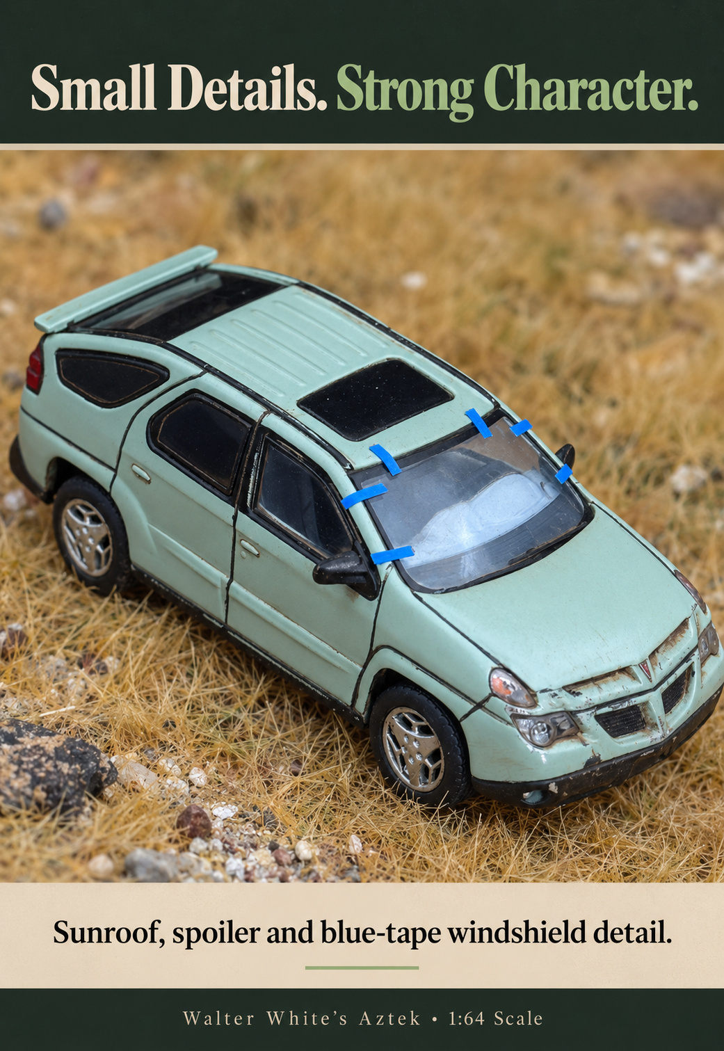 Close-up of the weathered Aztek roof and windshield
