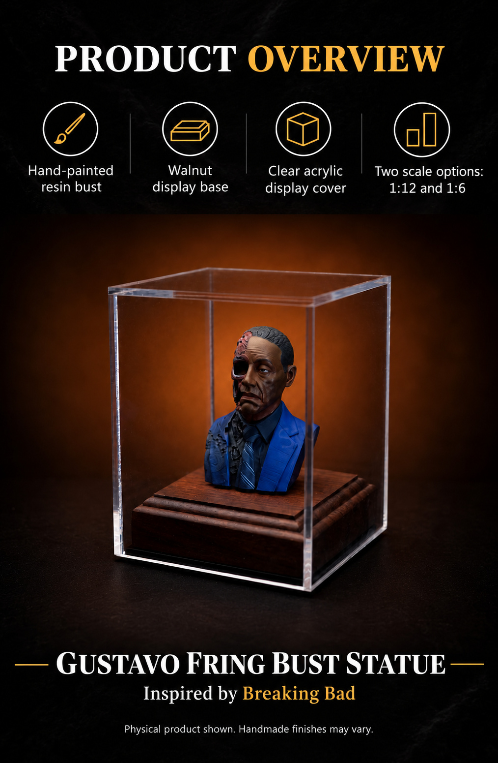 Gustavo Fring bust product overview showing the hand-painted resin statue, walnut display base and clear acrylic cover