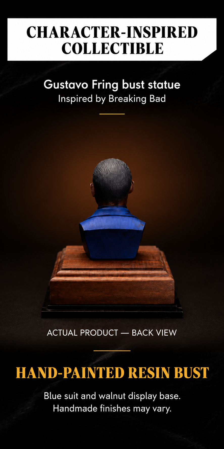 Rear view of the Gustavo Fring collectible bust in a blue suit on a walnut base