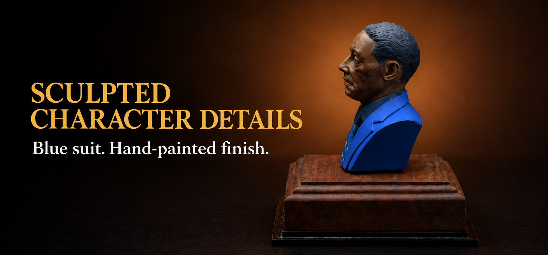 Side profile of the Gustavo Fring bust showing sculpted character details and hand-painted blue suit