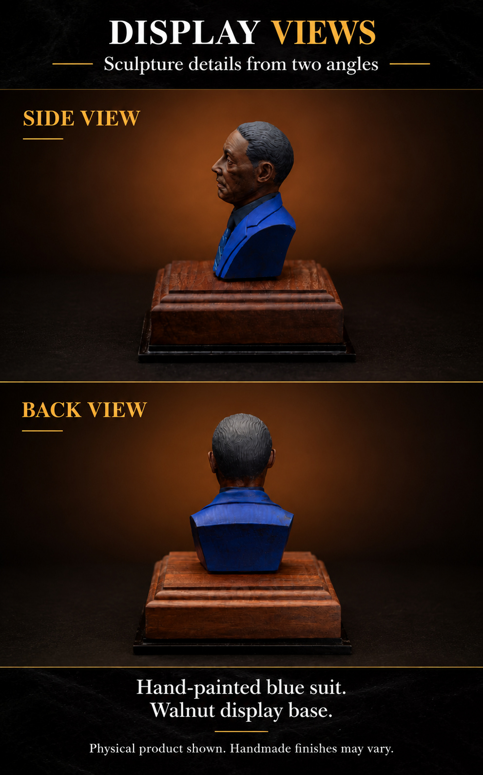 Side and rear display views of the Gustavo Fring bust and walnut base