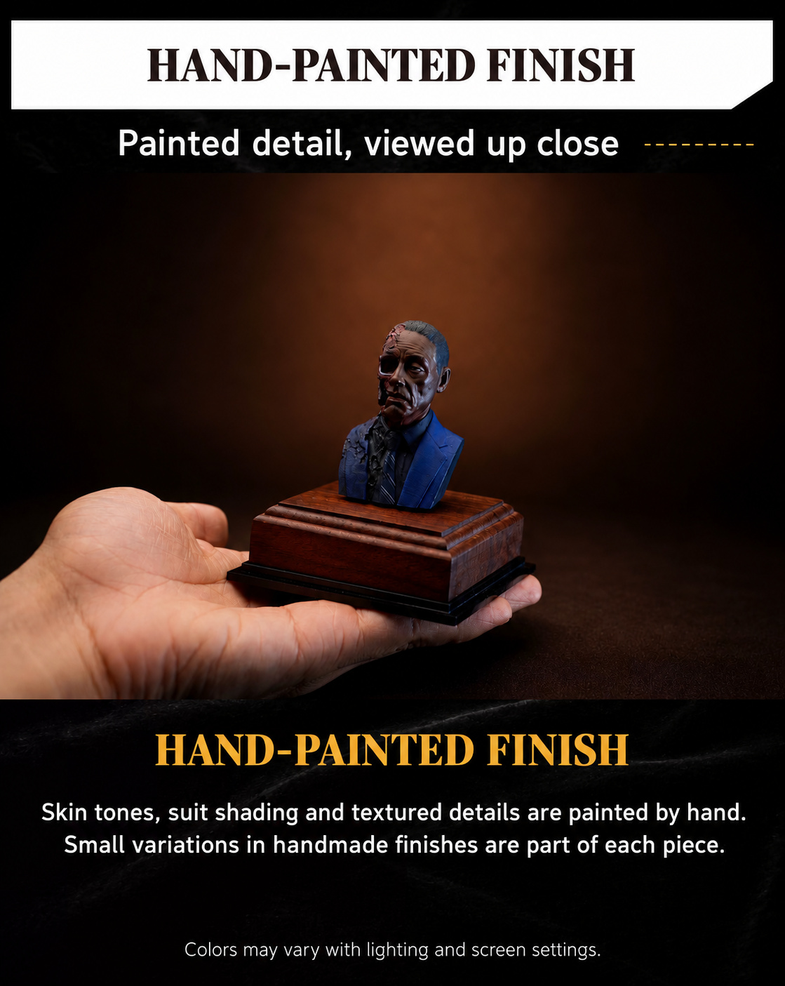 Gustavo Fring bust held in a hand to show its hand-painted finish and walnut display base