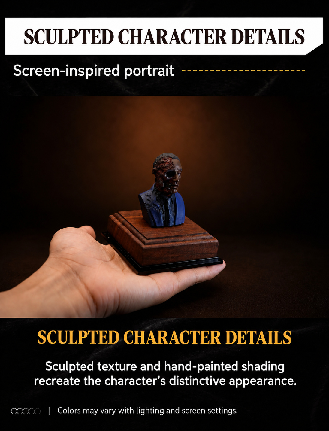 Gustavo Fring bust held in a hand showing the intentional half-face sculpted design and painted details