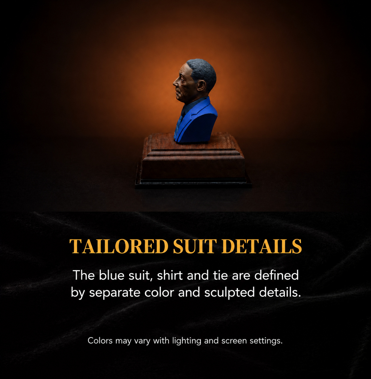 Side view of the Gustavo Fring bust highlighting the blue suit, shirt and tie