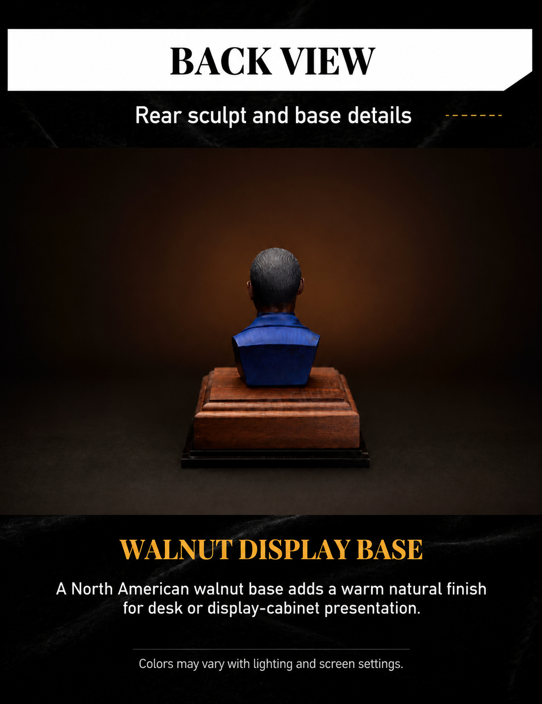 Back view of the Gustavo Fring bust with its walnut display base and sculpted hair