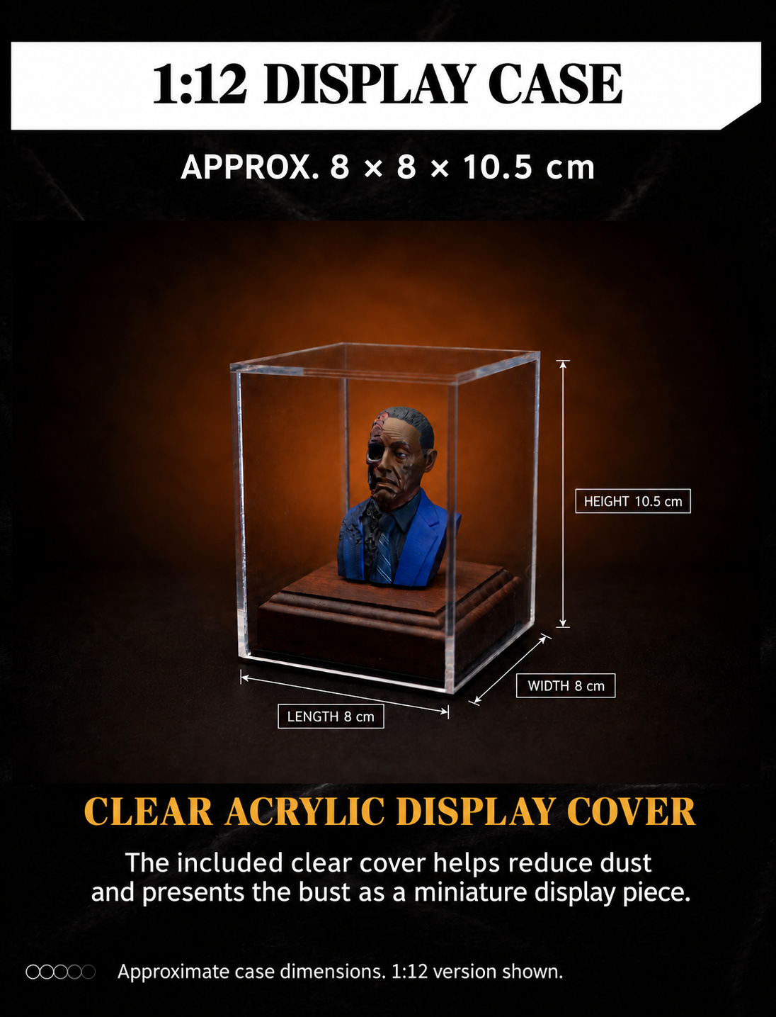1:12 Gustavo Fring bust inside its acrylic cover, with approximate length 8 cm, width 8 cm and height 10.5 cm labeled