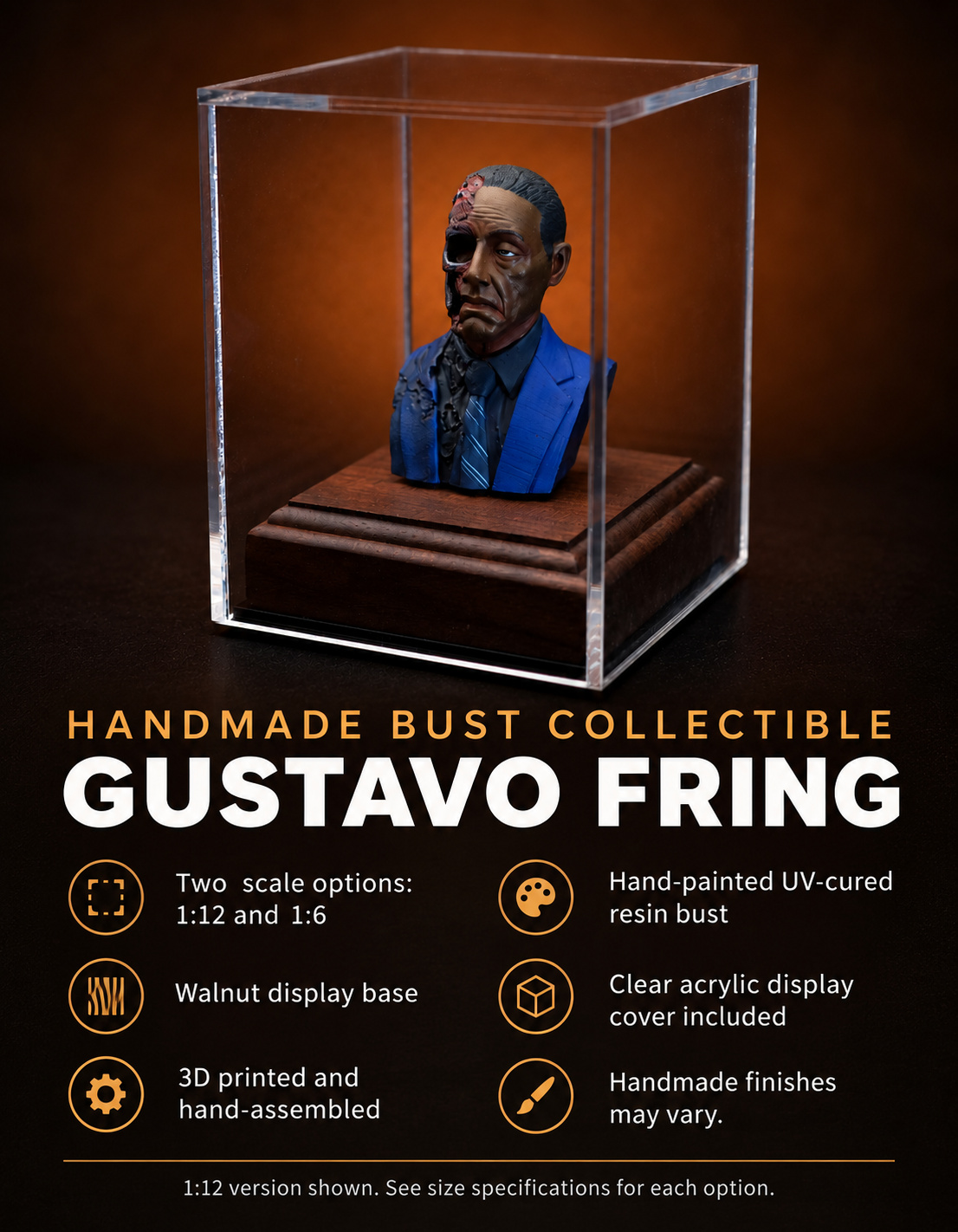 Gustavo Fring bust under a clear acrylic cover with a summary of the resin statue, walnut base and handmade finish