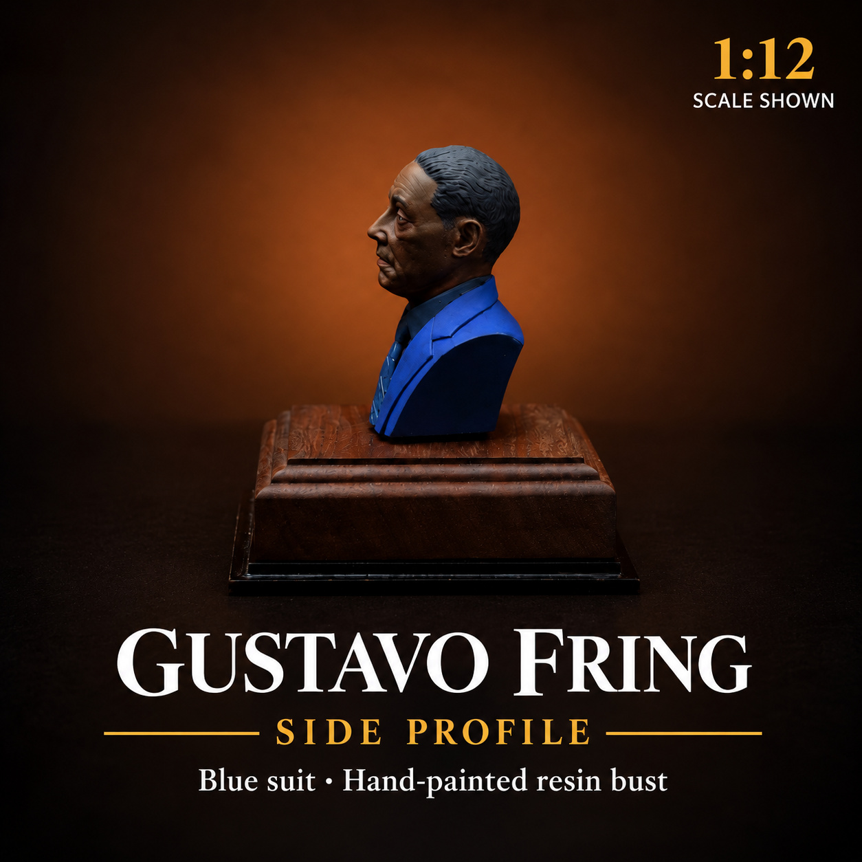 Side profile of the Gustavo Fring resin bust in a blue suit on its walnut display base, with the 1:12 scale shown