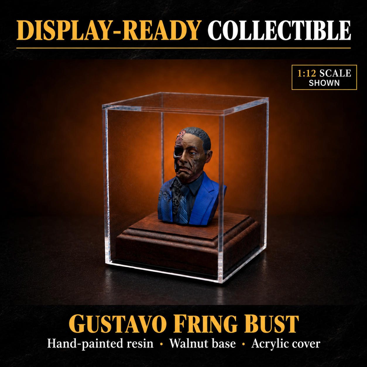 Gustavo Fring bust and walnut base displayed under a clear acrylic cover, with the 1:12 scale shown