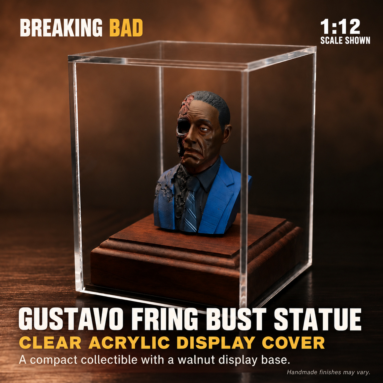 Gustavo Fring hand-painted bust with its intentional half-face sculpted design under a clear acrylic cover, with the 1:12 scale shown