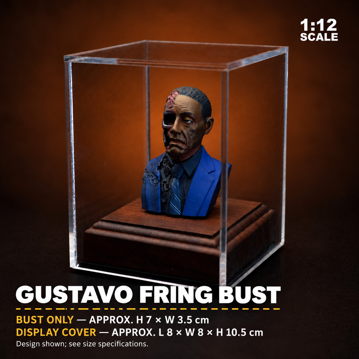 1:12 Gustavo Fring bust scale option: approximately 7 cm high and 3.5 cm wide, with an 8 by 8 by 10.5 cm acrylic cover