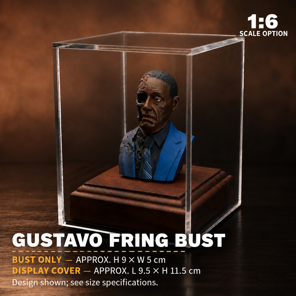 1:6 Gustavo Fring bust scale option: design shown; see size specifications, approximately 9 cm high and 5 cm wide, with cover length 9.5 cm and height 11.5 cm
