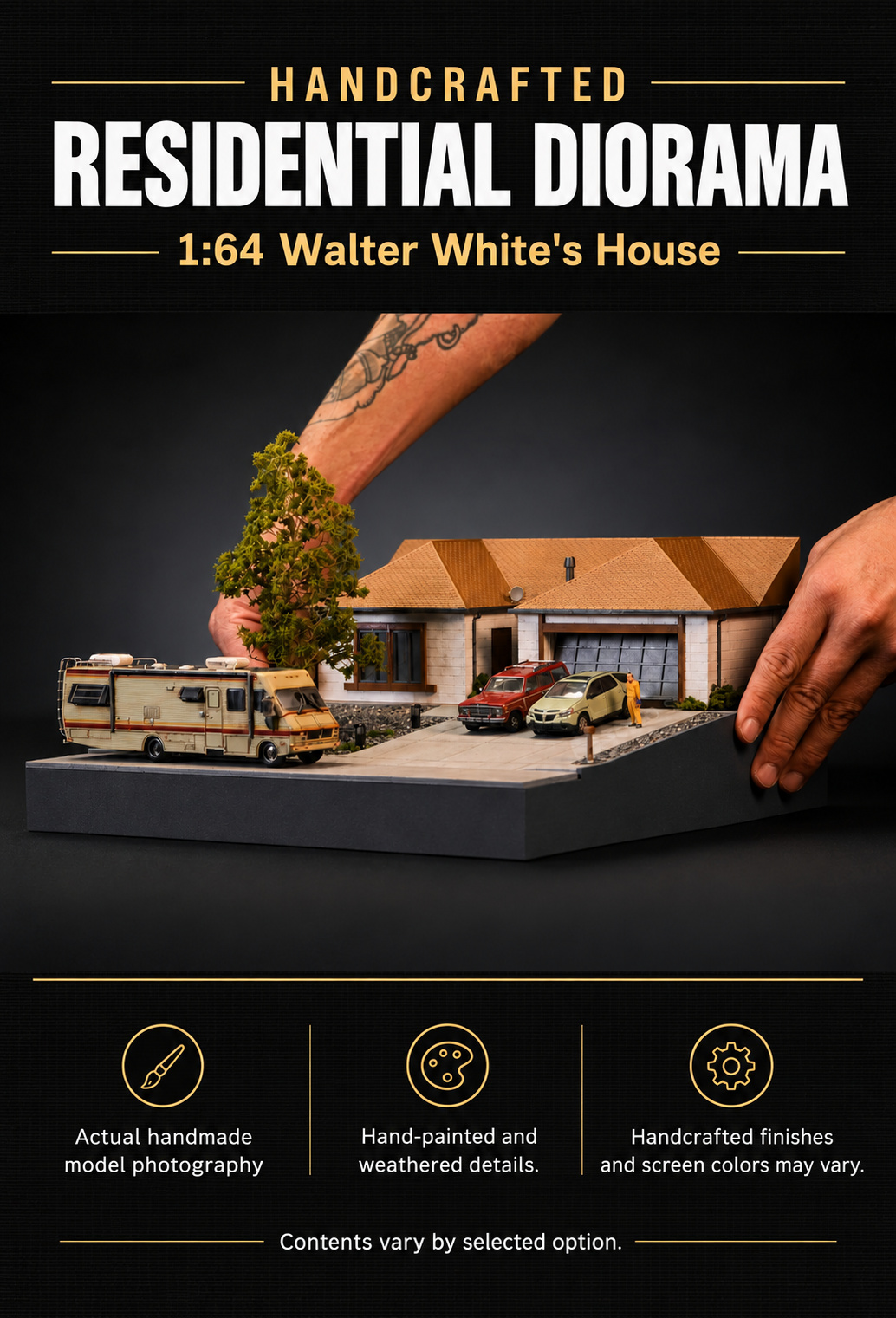 Handcrafted residential diorama overview showing the Complete Scene Set; contents vary by selected option