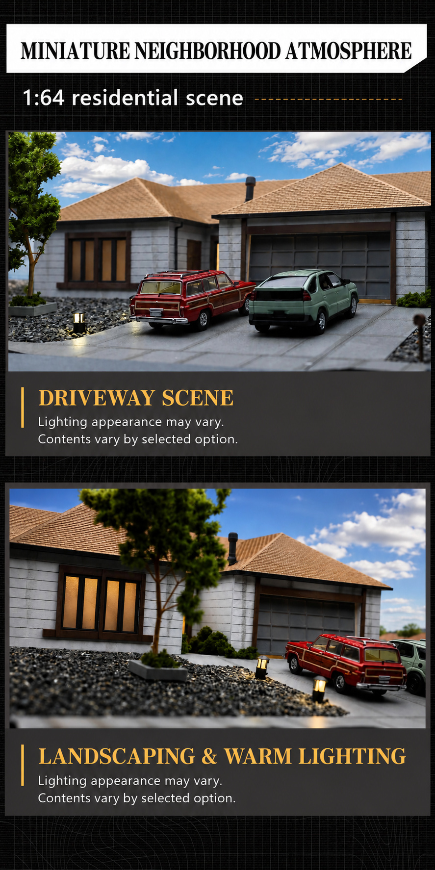 Two neighborhood display views of the house with warm lighting, landscaping and cars; contents vary by selected option