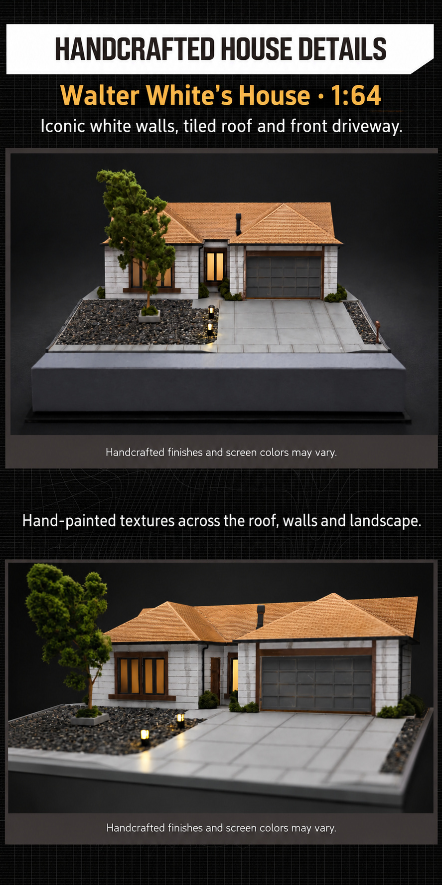 Two views of the handcrafted house scene showing white walls, tiled roof, front driveway and painted landscaping