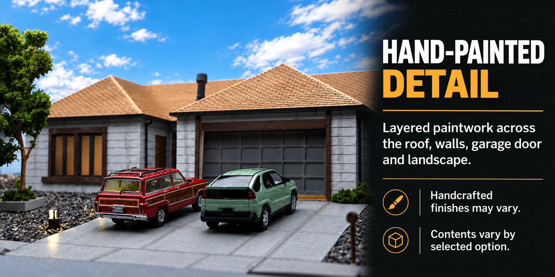 Hand-painted detail card showing roof, walls, garage door and landscaped driveway with cars
