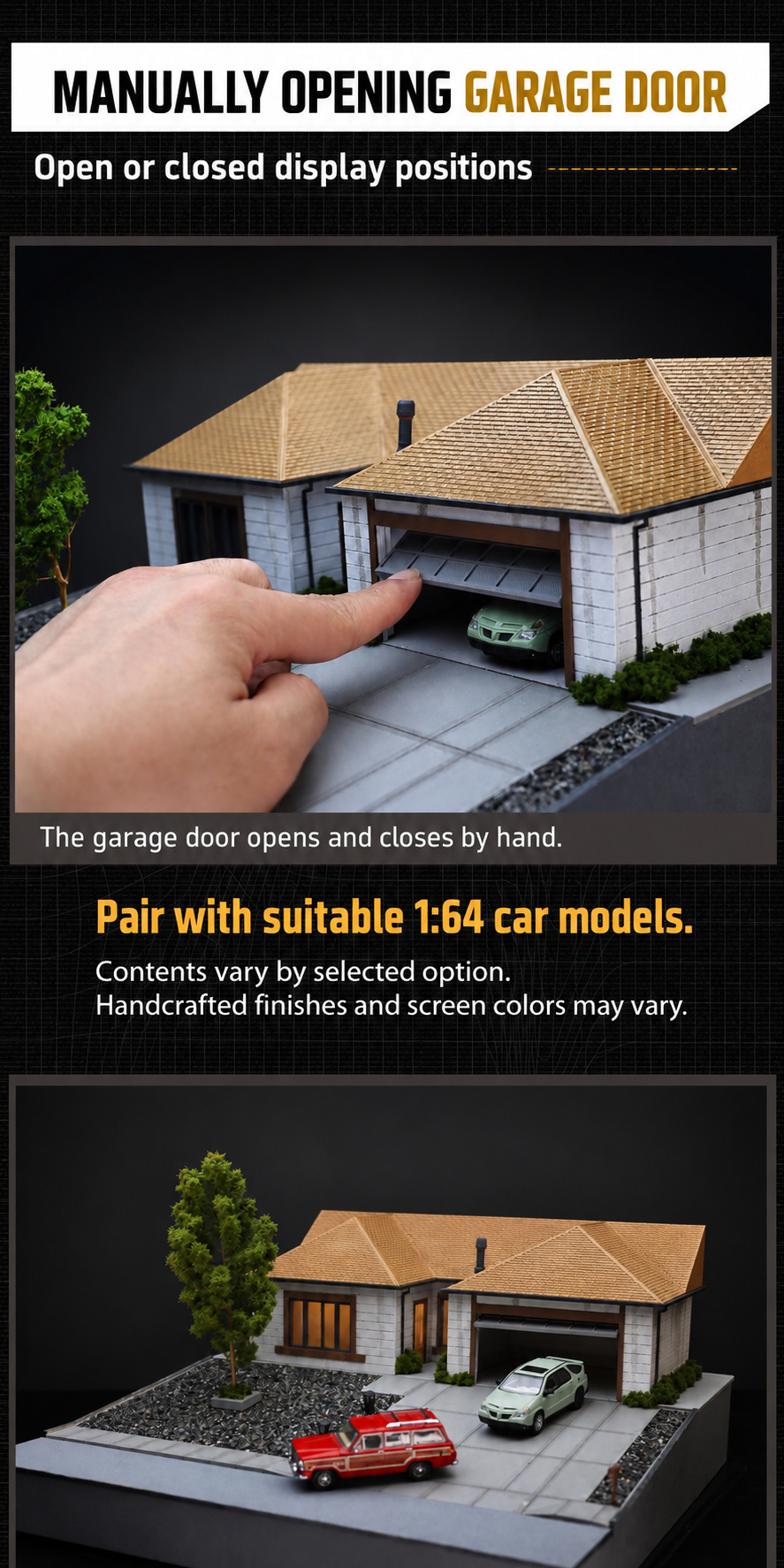 Manually opening garage door demonstrated with a finger, alongside a house and two-car display view